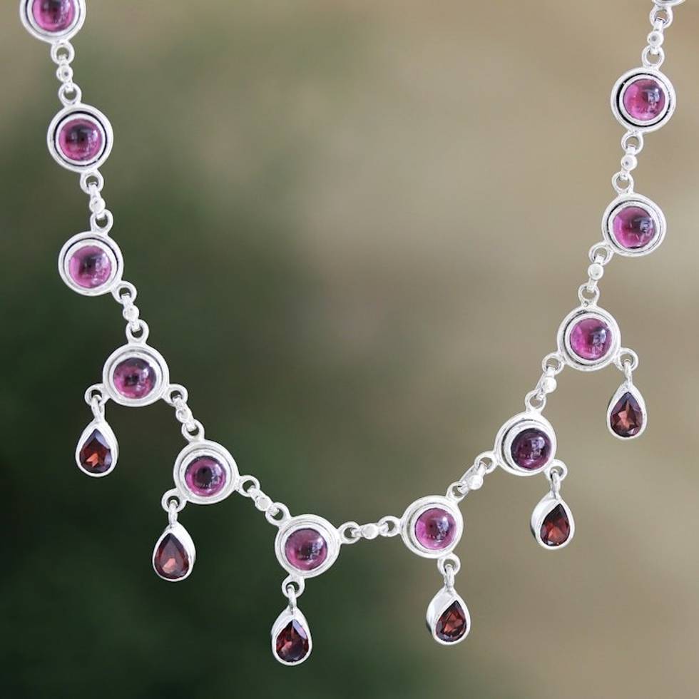 Garnet and Sterling Silver Indian Style Pendant Necklace 'Cascading Color'