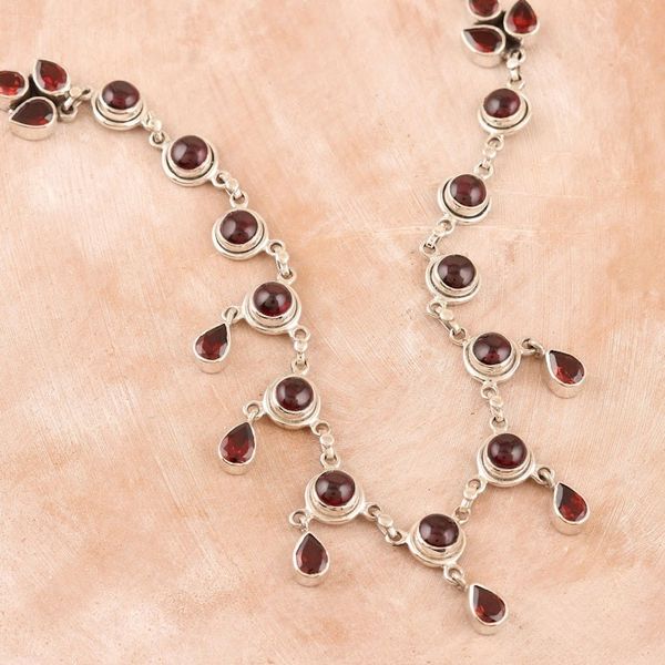 Alternate image for Garnet and Sterling Silver Indian Style Pendant Necklace Cascading Color