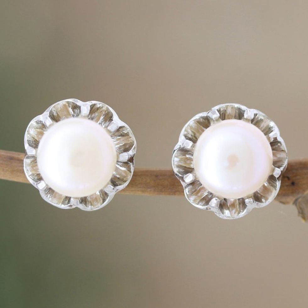 Cultured Pearl and Sterling Silver Button Earrings 'Slice of Heaven'