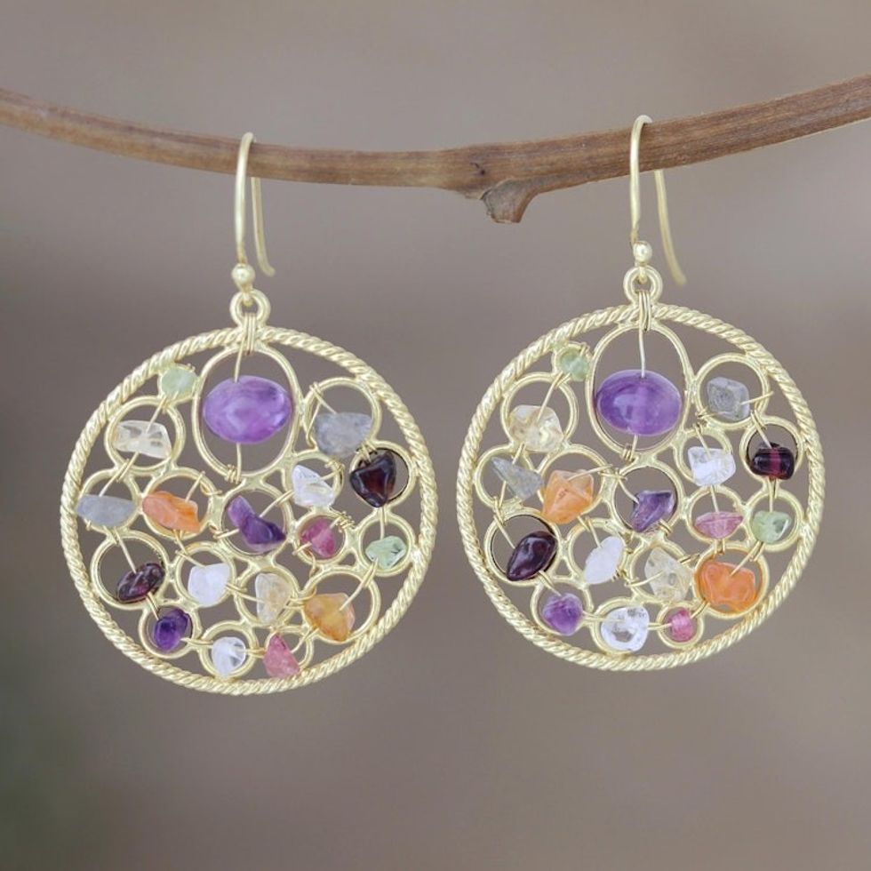 Multi-Gem Earrings in 22k Gold Plated Silver 'Colorful Galaxy'