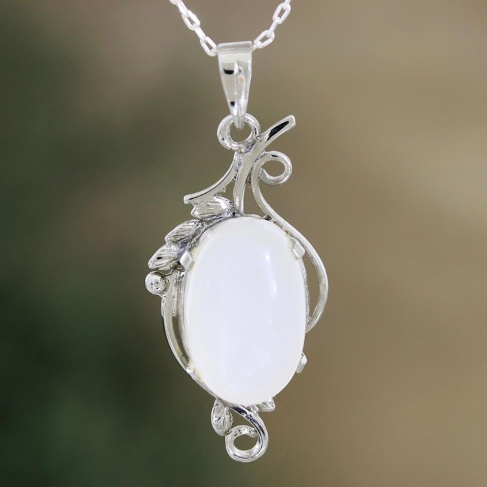 Rhodium-Plated Rainbow Moonstone Necklace from India 'Lunar Glow'