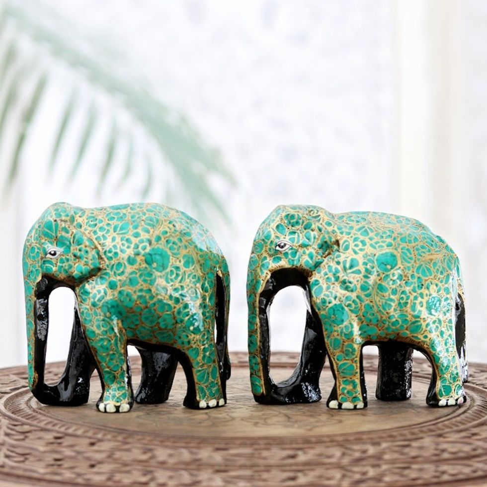Handcrafted Papier Mache Elephant Statuettes Pair 'Bond of Friendship in Green'