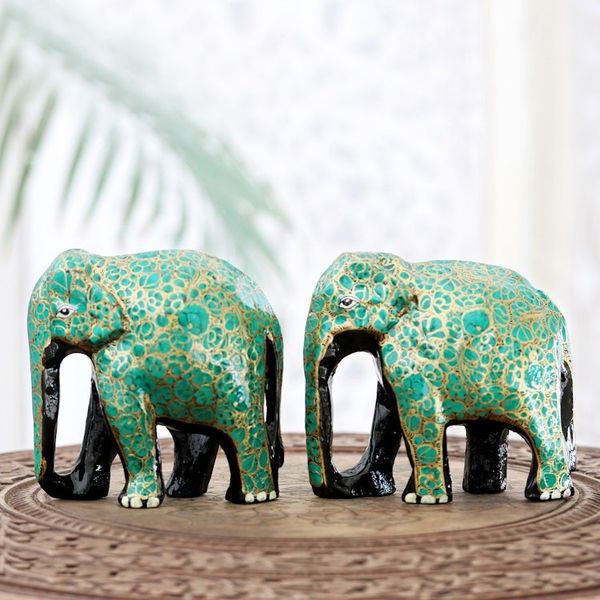 Alternate image for Handcrafted Papier Mache Elephant Statuettes Pair Bond of Friendship in Green