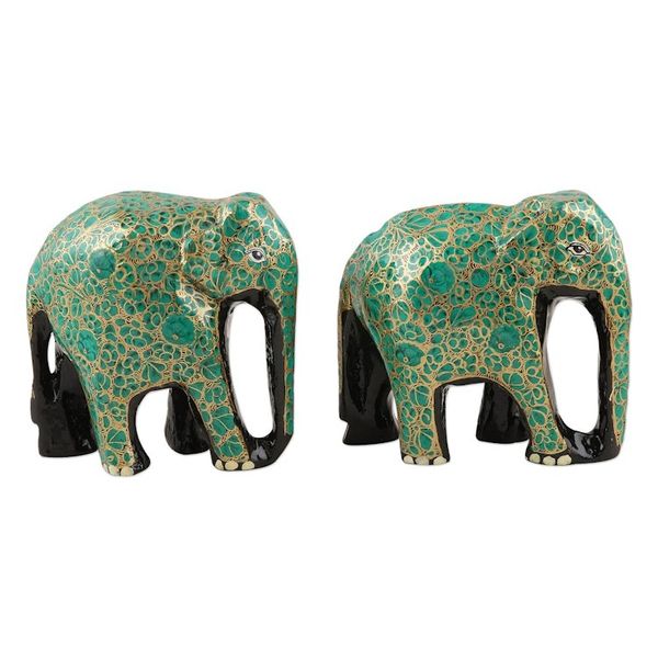 Alternate image for Handcrafted Papier Mache Elephant Statuettes Pair Bond of Friendship in Green