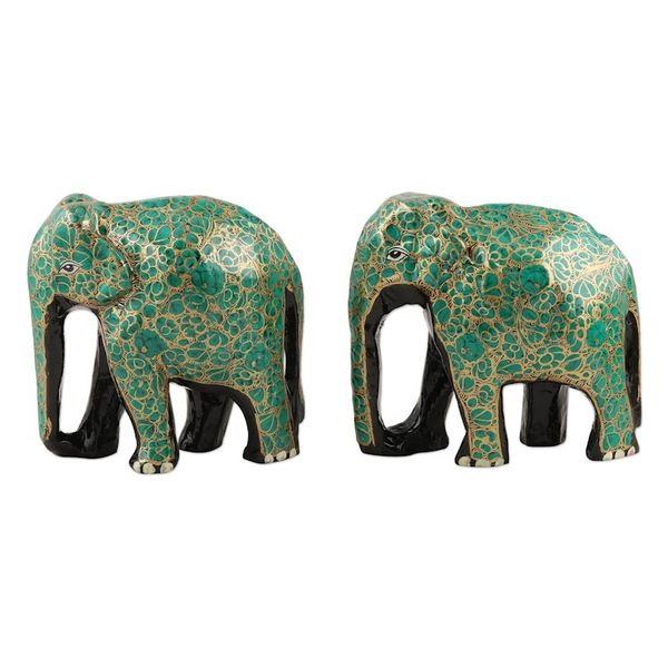 Alternate image for Handcrafted Papier Mache Elephant Statuettes Pair Bond of Friendship in Green
