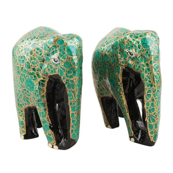 Alternate image for Handcrafted Papier Mache Elephant Statuettes Pair Bond of Friendship in Green
