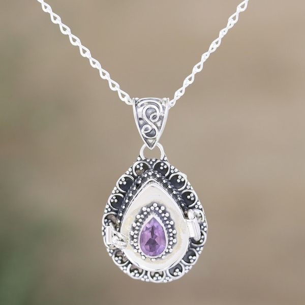 Alternate image for Indian Amethyst and Sterling Silver Locket Necklace Forget Me Not