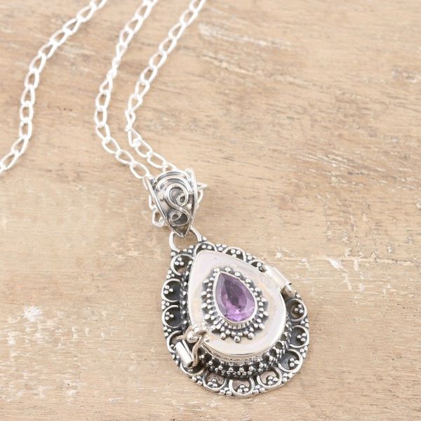 Alternate image for Indian Amethyst and Sterling Silver Locket Necklace Forget Me Not