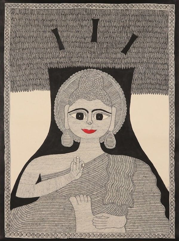 Alternate image for Madhubani Buddha Painting on Handmade Paper Buddha Smiles