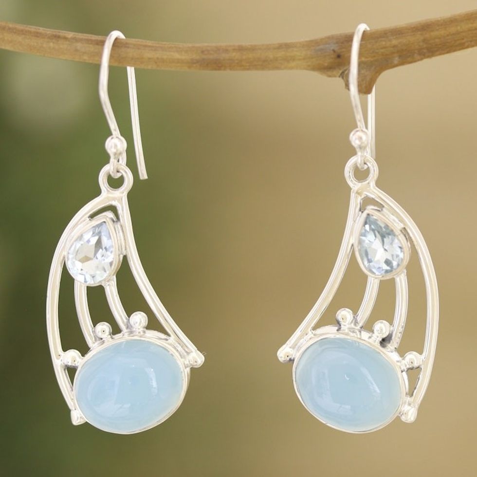 Blue Topaz and Chalcedony Dangle Earrings from India 'Blue Glare'