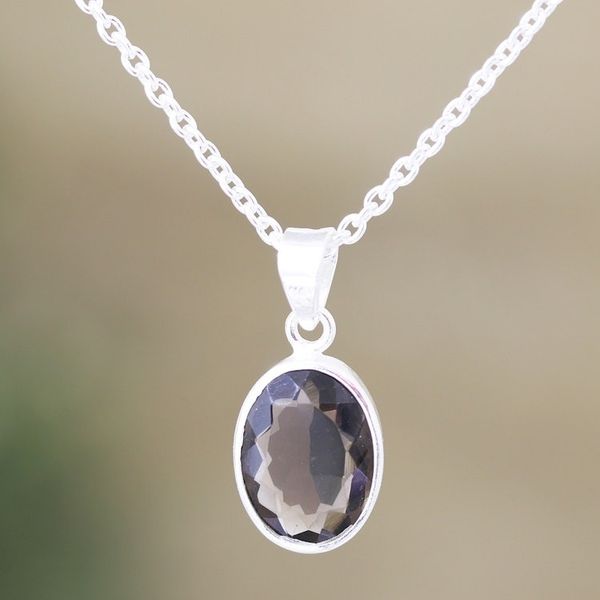 Alternate image for Smoky Quartz and Sterling Silver Pendant Necklace Grey Vapor