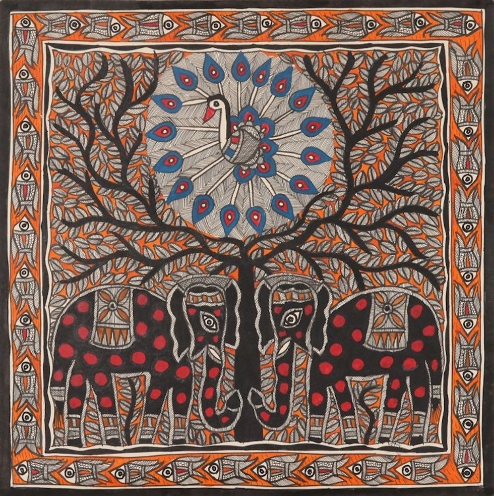 Madhubani Elephant Painting on Handmade Paper 'Together in Heaven'