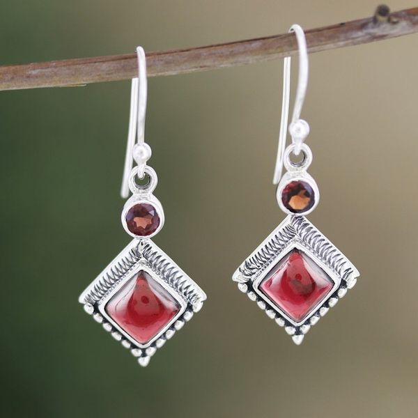 Alternate image for Hand Crafted Garnet and Sterling Silver Dangle Earrings Blissful Red