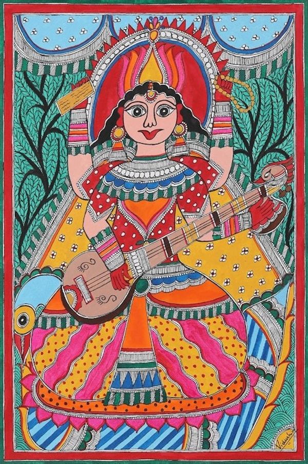 Alternate image for Acrylic Madhubani Painting on Handmade Paper Saraswatis Song