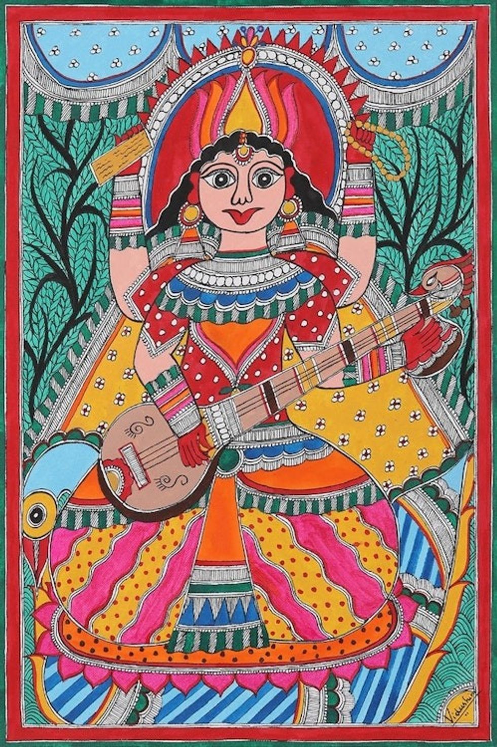 Acrylic Madhubani Painting on Handmade Paper 'Saraswati's Song'