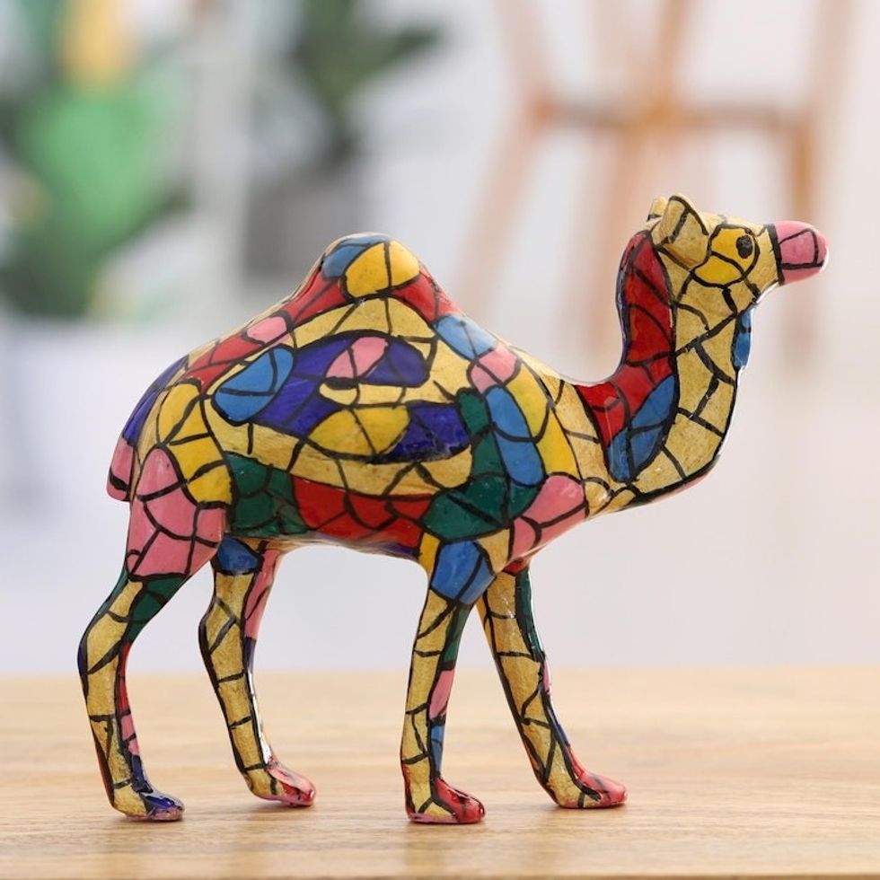 Colorful Camel Aluminum Figurine Hand-painted in India 'Desert Glory'