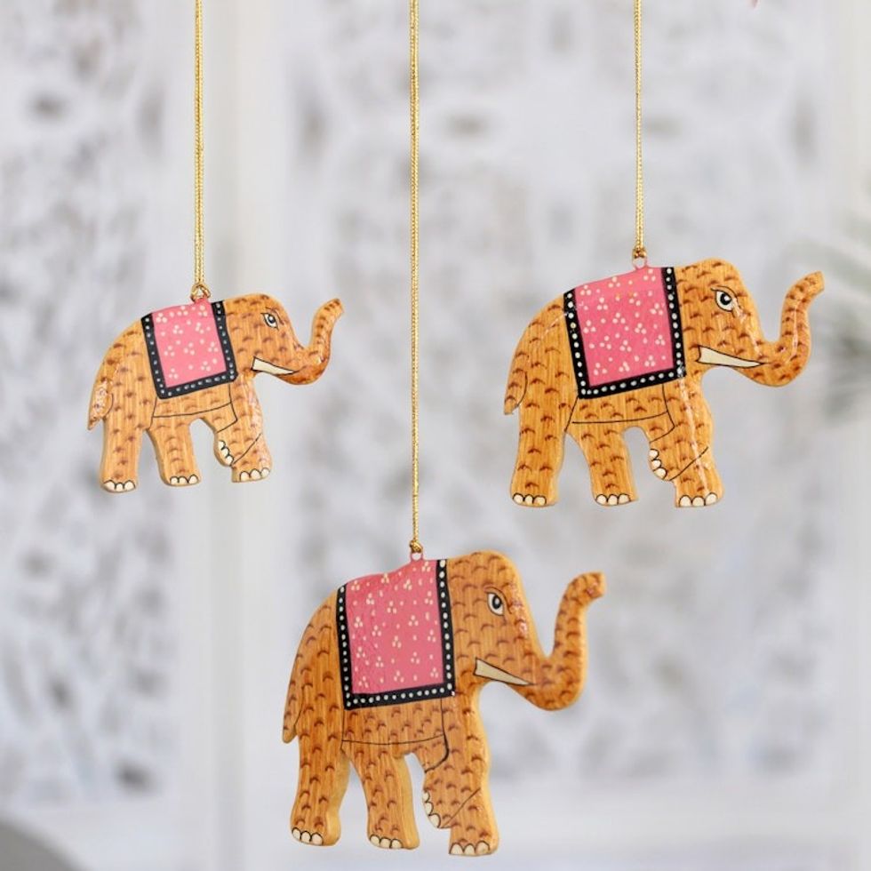 Hand-Painted Yellow Elephant Wood Ornaments Set of 3 'Festival Elephants in Yellow'