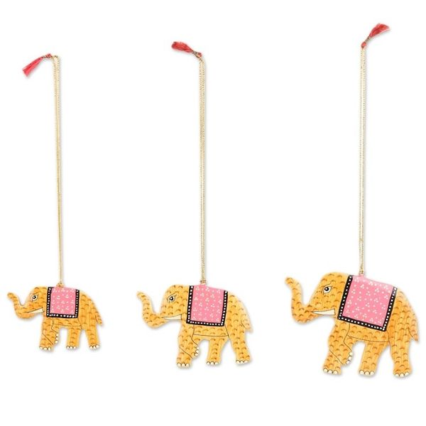 Alternate image for Hand-Painted Yellow Elephant Wood Ornaments Set of 3 Festival Elephants in Yellow