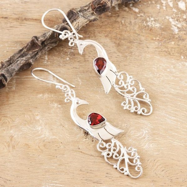 Alternate image for Garnet and Sterling Silver Peacock Dangle Earrings Indian Peacock in Red