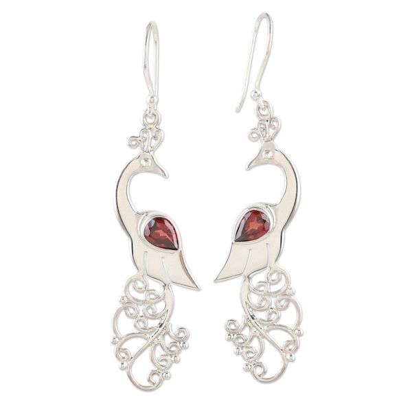 Alternate image for Garnet and Sterling Silver Peacock Dangle Earrings Indian Peacock in Red