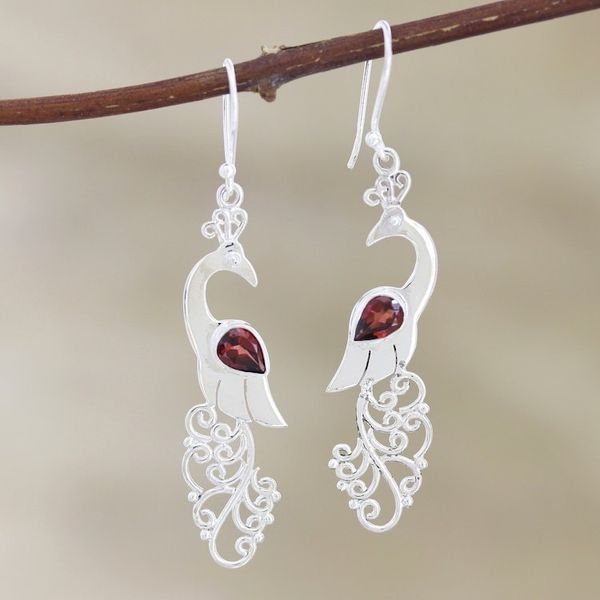 Alternate image for Garnet and Sterling Silver Peacock Dangle Earrings Indian Peacock in Red