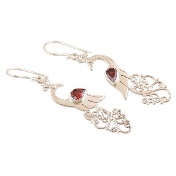 Alternate image for Garnet and Sterling Silver Peacock Dangle Earrings Indian Peacock in Red
