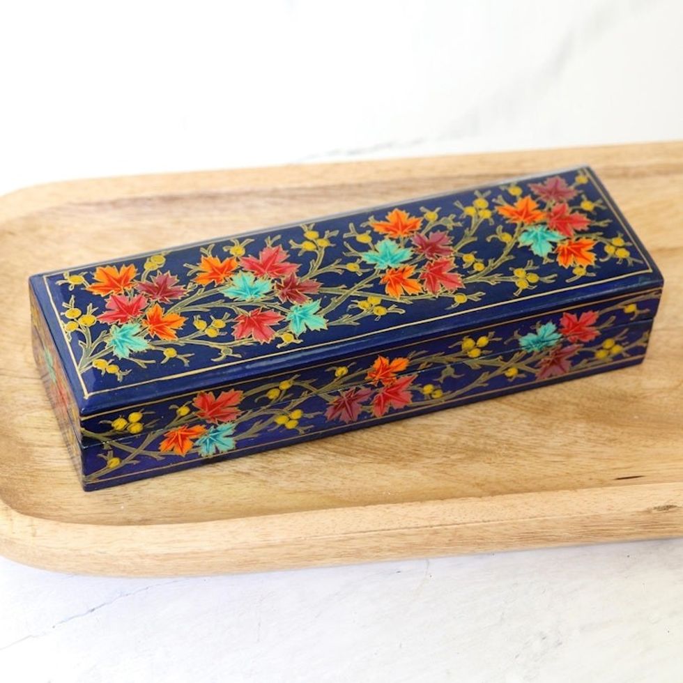 Indian Papier Mache and Weeping Willow Wood Box 'Chinar Pride in Blue'