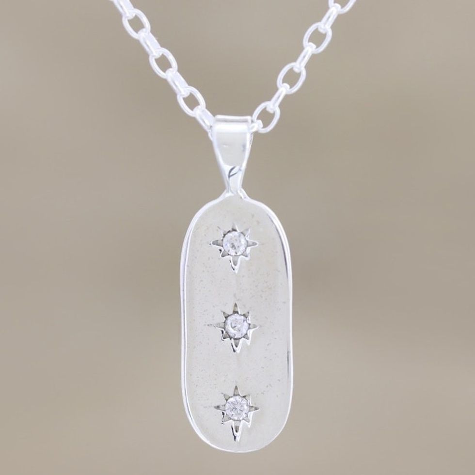 Cubic Zirconia and Sterling Silver Pendant Necklace 'Star Trio'
