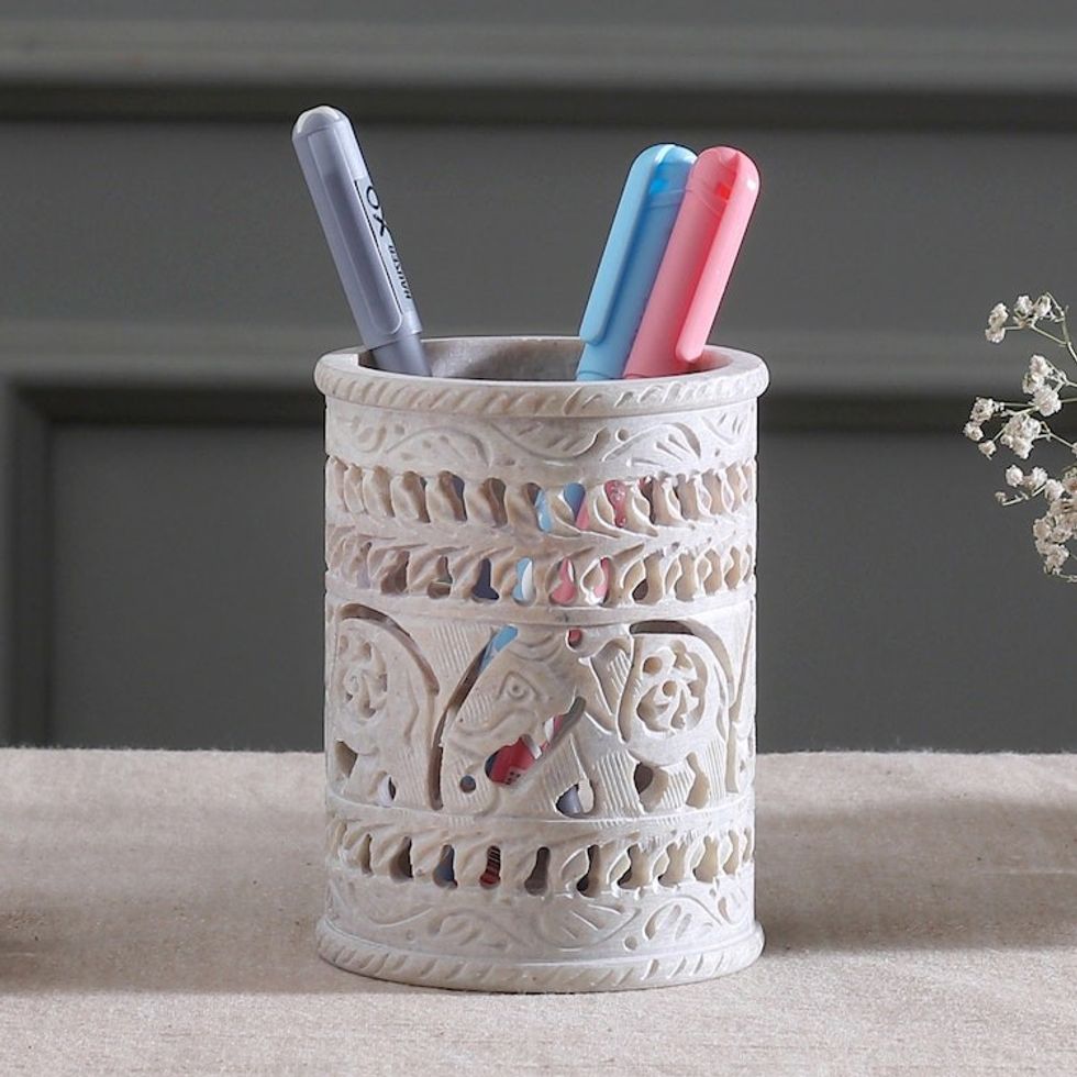 Handcrafted Soapstone Pencil Holder with Elephant Motifs 'Helping Elephant'