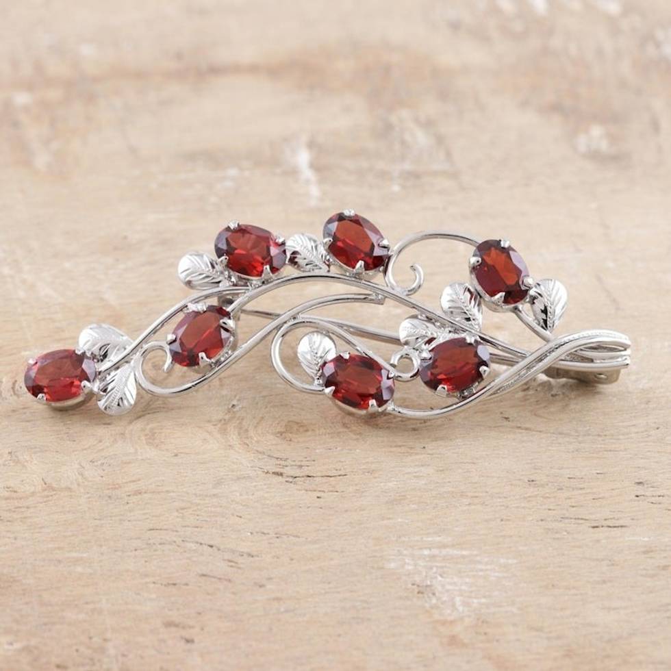 Rhodium-Plated Sterling Silver Garnet Brooch 'Eternal Dream'
