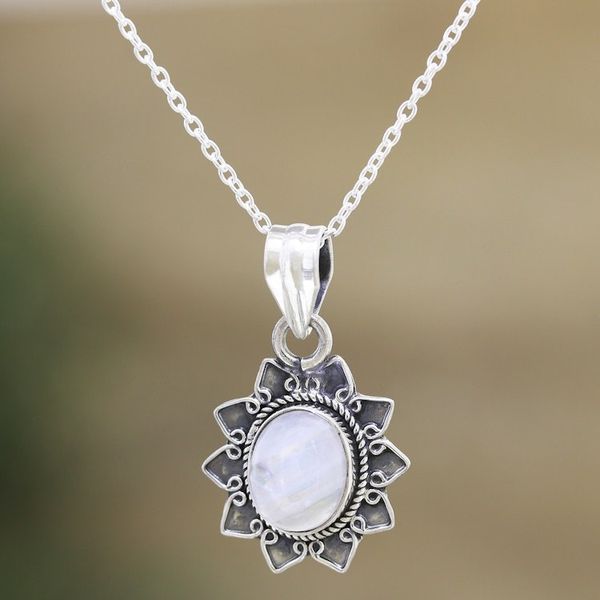 Alternate image for Rainbow Moonstone Sterling Silver Flower Pendant Necklace Flower Fascination