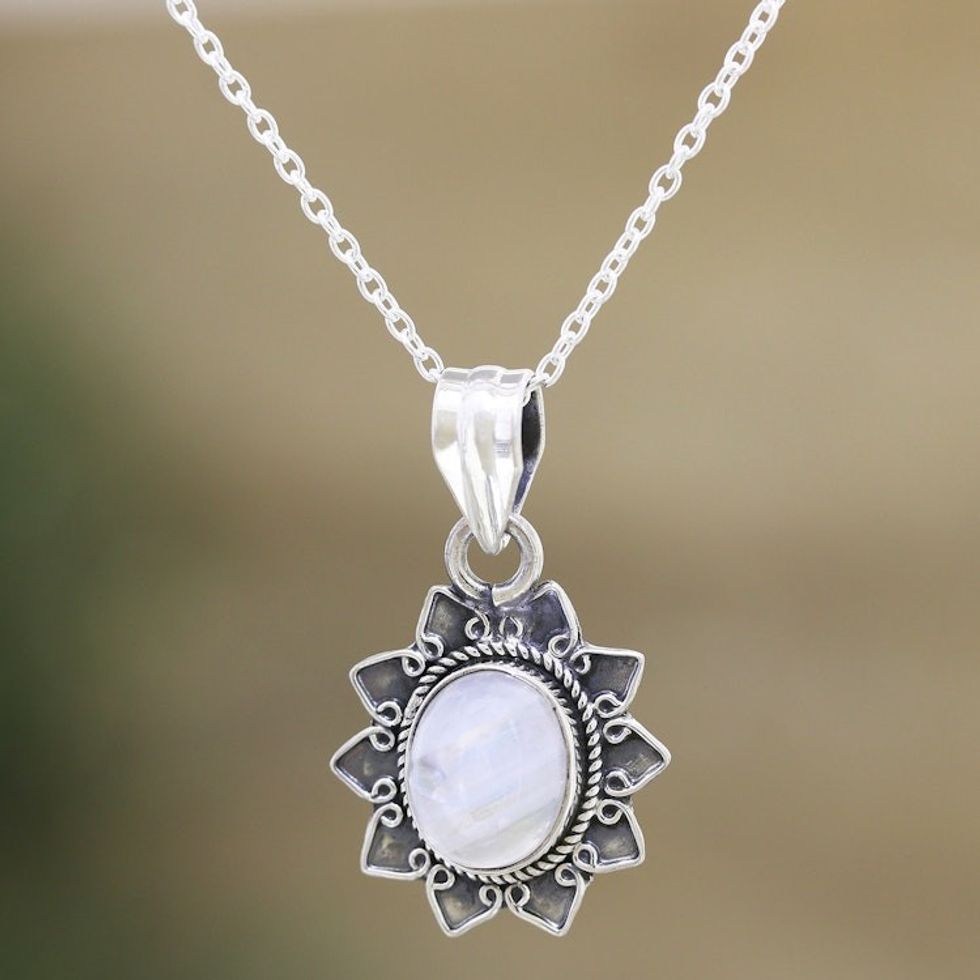 Rainbow Moonstone Sterling Silver Flower Pendant Necklace 'Flower Fascination'