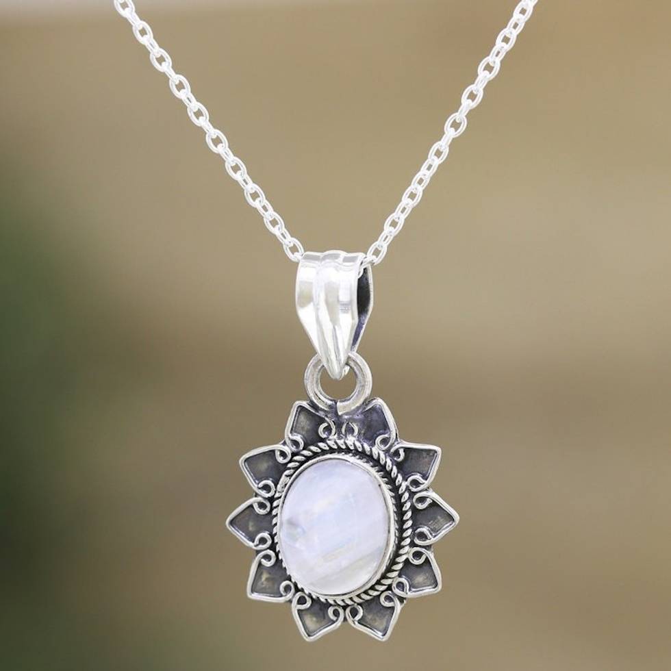 Rainbow Moonstone Sterling Silver Flower Pendant Necklace 'Flower Fascination'