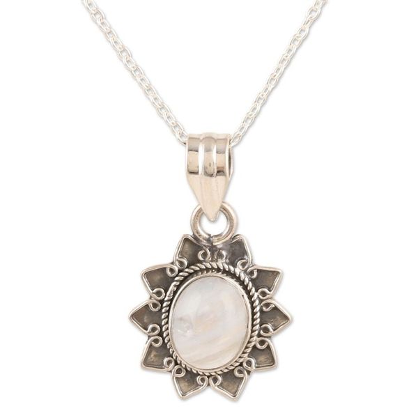 Alternate image for Rainbow Moonstone Sterling Silver Flower Pendant Necklace Flower Fascination