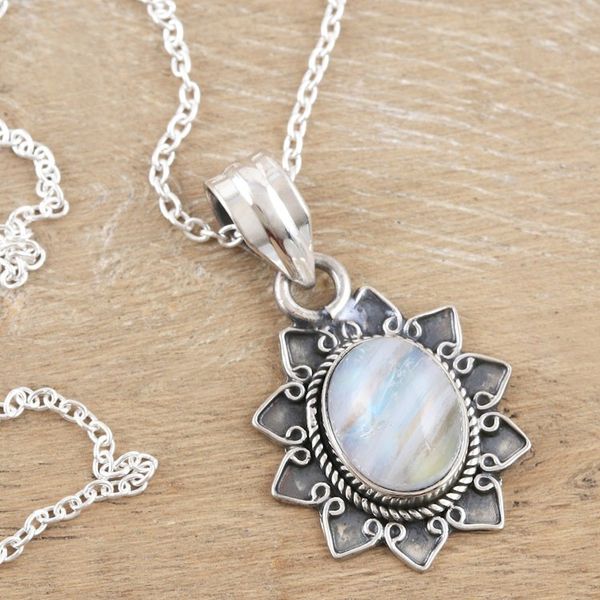 Alternate image for Rainbow Moonstone Sterling Silver Flower Pendant Necklace Flower Fascination