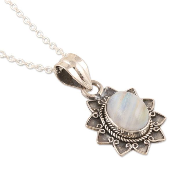 Alternate image for Rainbow Moonstone Sterling Silver Flower Pendant Necklace Flower Fascination