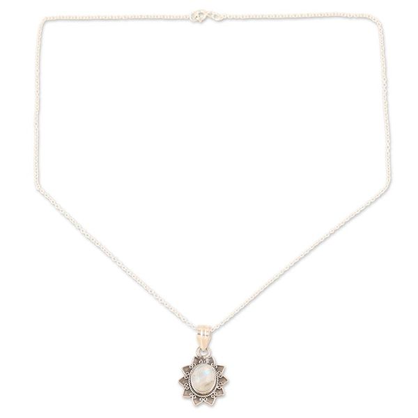 Alternate image for Rainbow Moonstone Sterling Silver Flower Pendant Necklace Flower Fascination