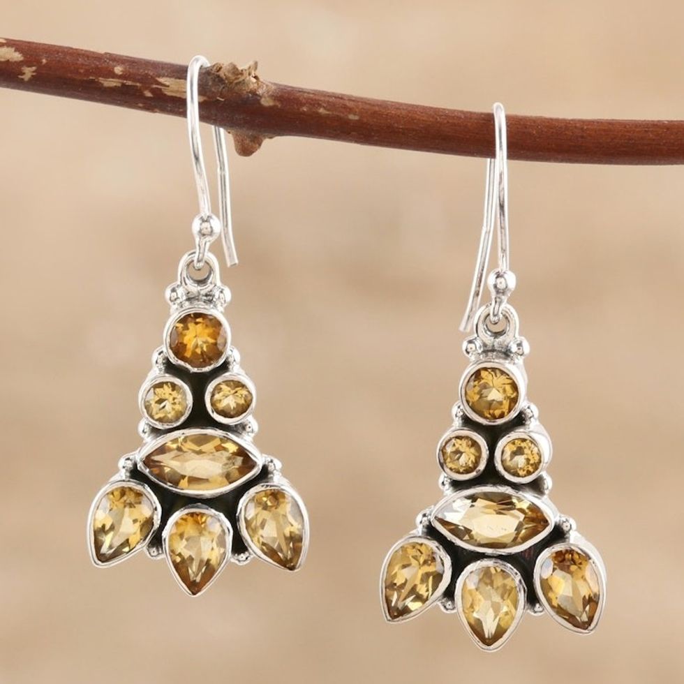 Hand Crafted Sterling Silver and Citrine Dangle Earrings 'Sparkling Tower'