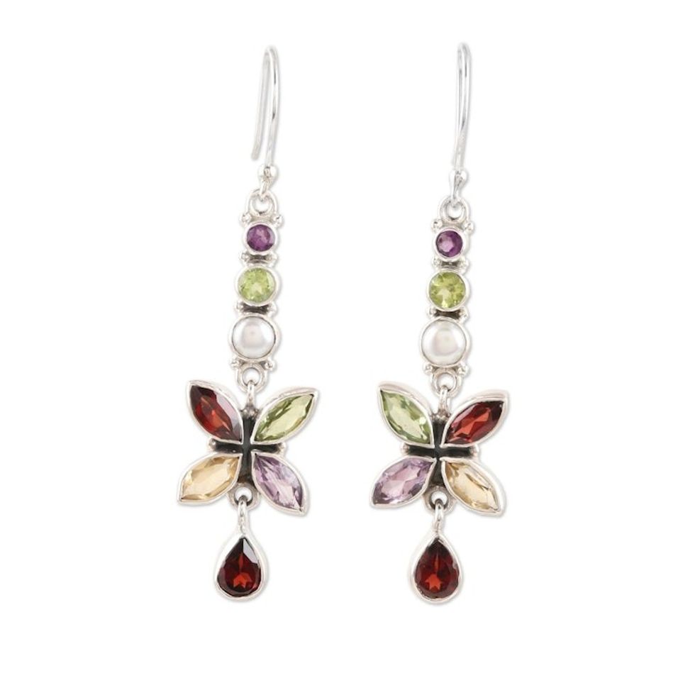 Multi-Gemstone Sterling Silver Dangle Earrings from India 'Dazzling Flora'