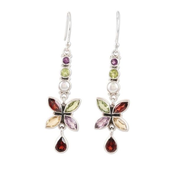 Alternate image for Multi-Gemstone Sterling Silver Dangle Earrings from India Dazzling Flora