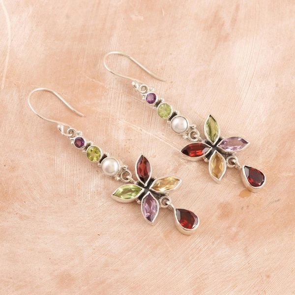 Alternate image for Multi-Gemstone Sterling Silver Dangle Earrings from India Dazzling Flora
