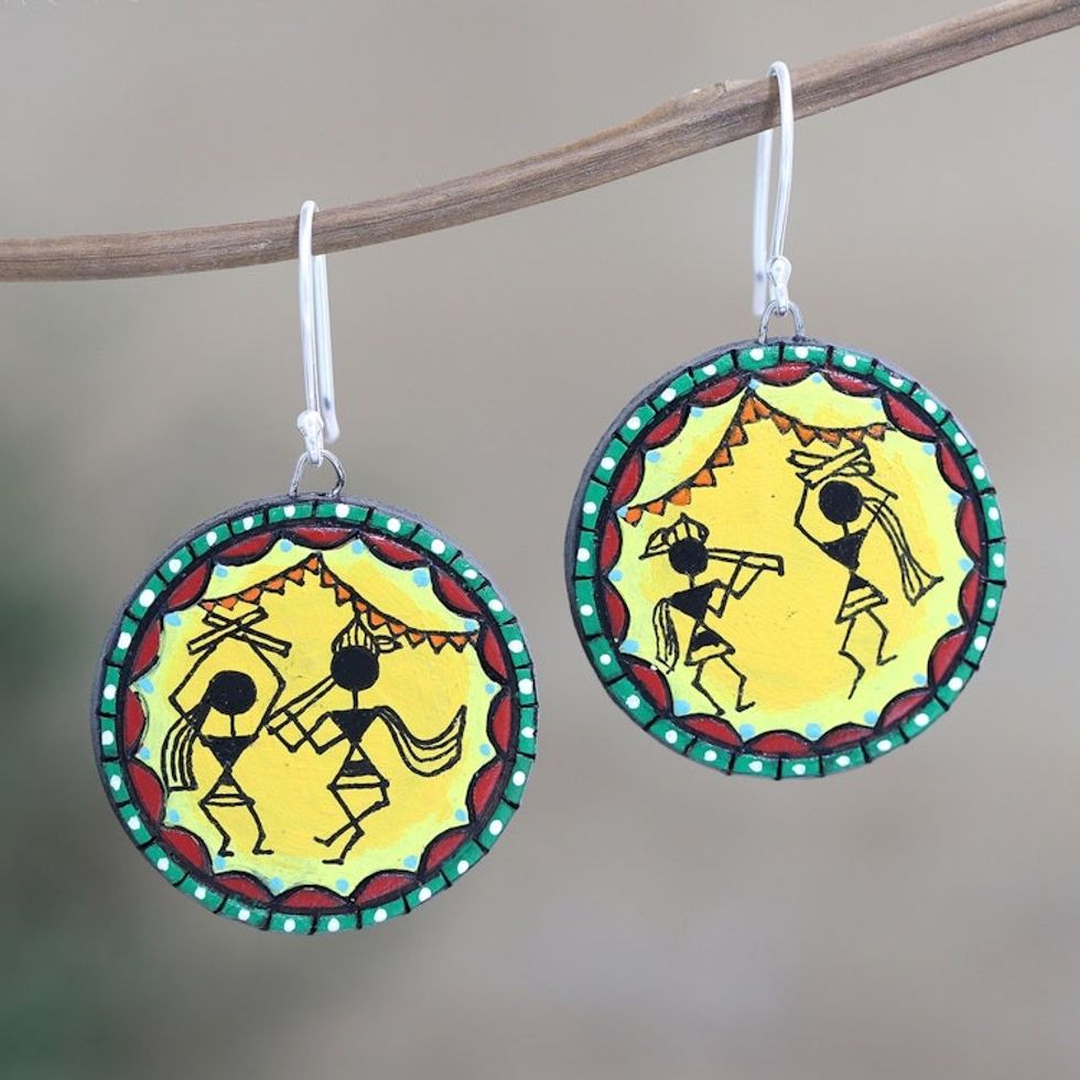 Ceramic Dangle Earrings with Dance Motif 'Warli Dancers'
