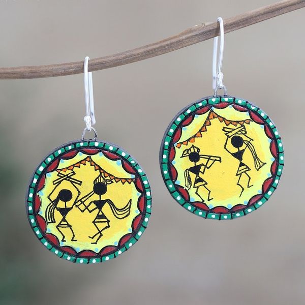 Alternate image for Ceramic Dangle Earrings with Dance Motif Warli Dancers
