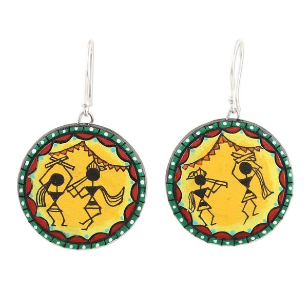 Alternate image for Ceramic Dangle Earrings with Dance Motif Warli Dancers