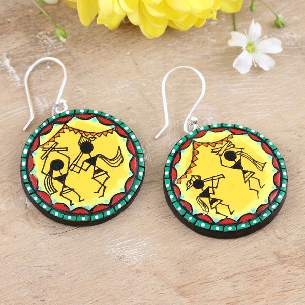 Alternate image for Ceramic Dangle Earrings with Dance Motif Warli Dancers
