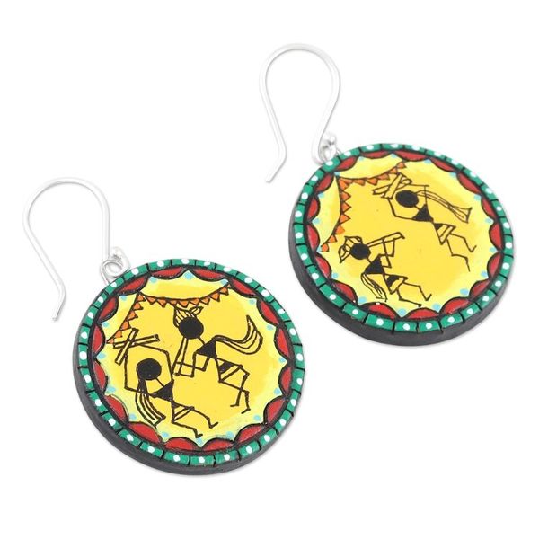 Alternate image for Ceramic Dangle Earrings with Dance Motif Warli Dancers