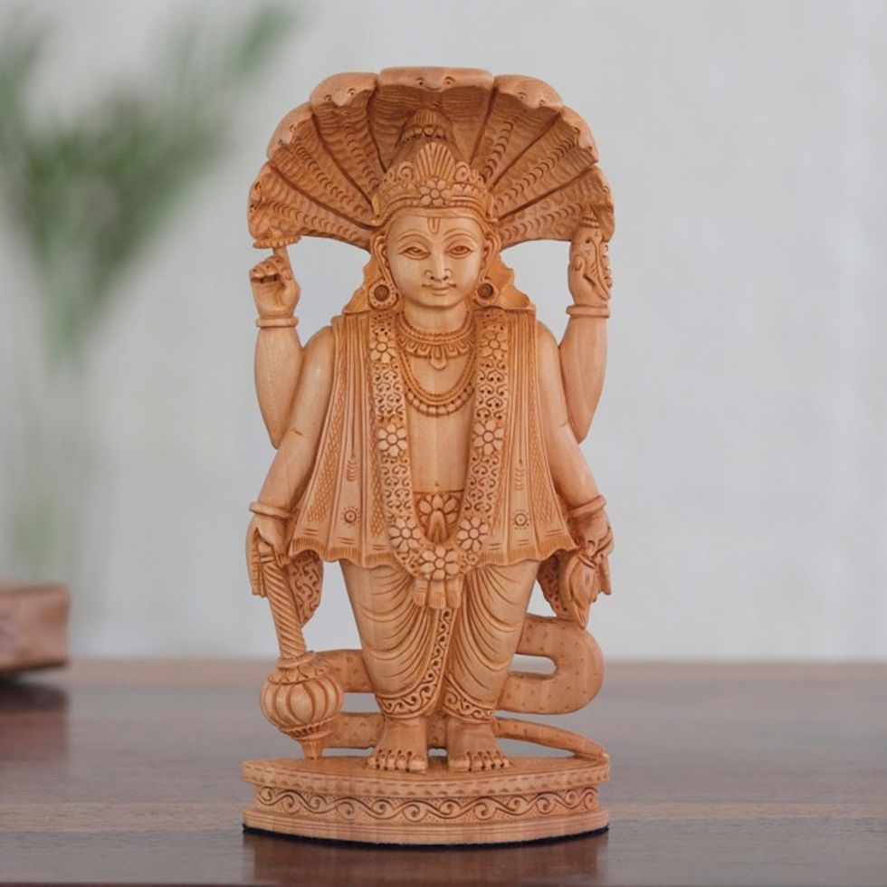 Handmade Kadam Wood Vishnu Sculpture 'Supreme Vishnu'
