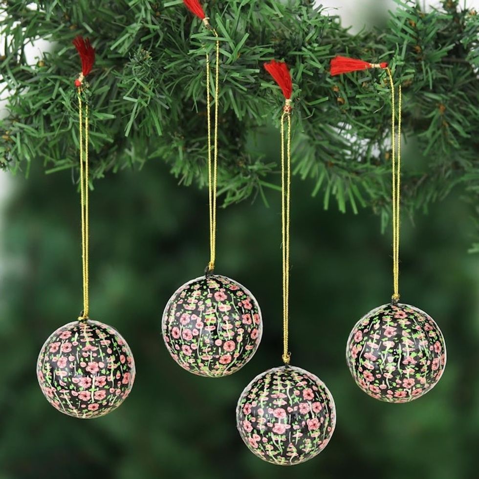 Papier Mache Holiday Ornaments from India Set of 4 'Blossoms of Kashmir in Pink'