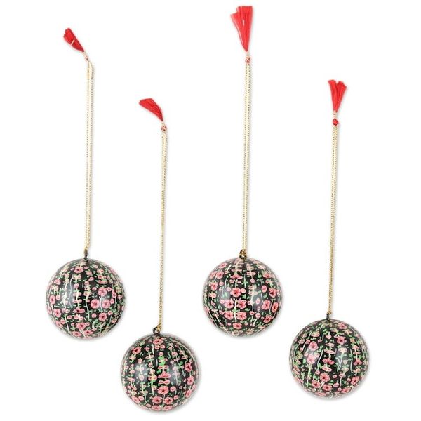 Alternate image for Papier Mache Holiday Ornaments from India Set of 4 Blossoms of Kashmir in Pink