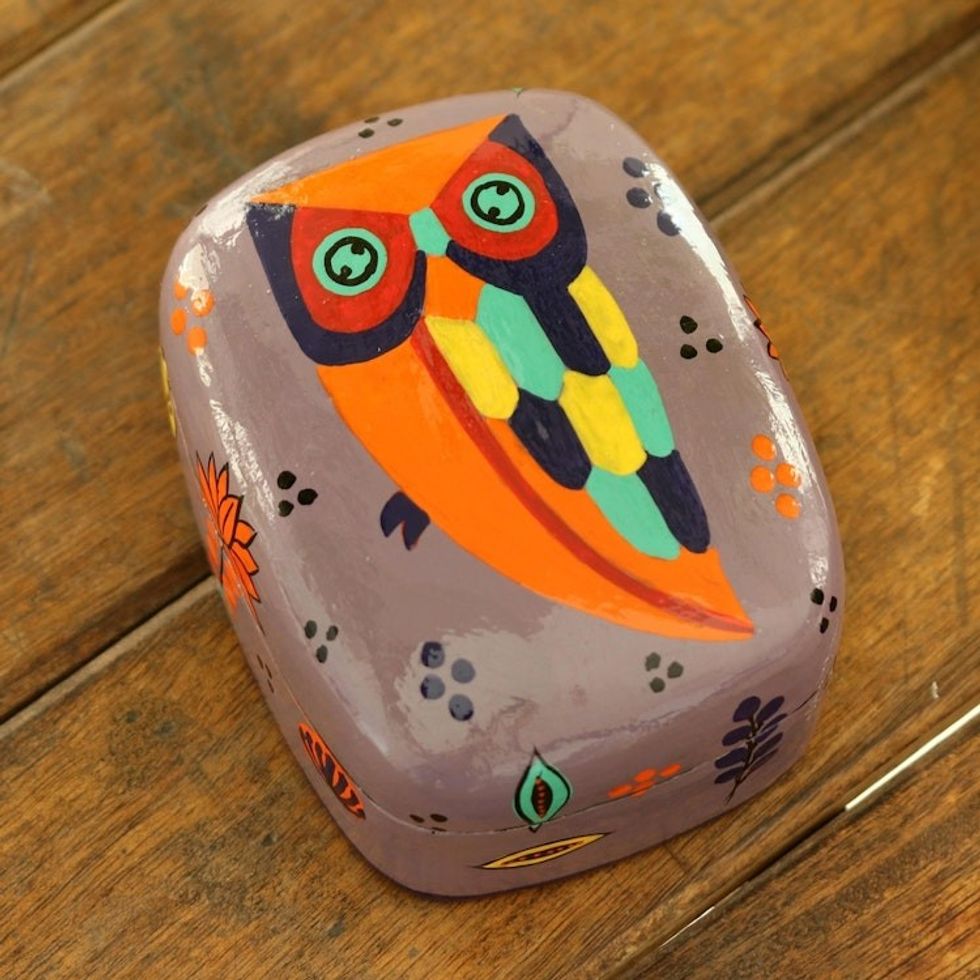 Hand Painted Owl-Themed Decorative Box 'Owl Story in Dusty Lavender'